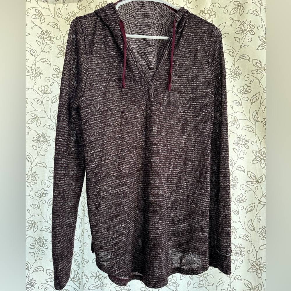Olive and oak long sleeve shirt with hood. Deep purple color and light fabric.